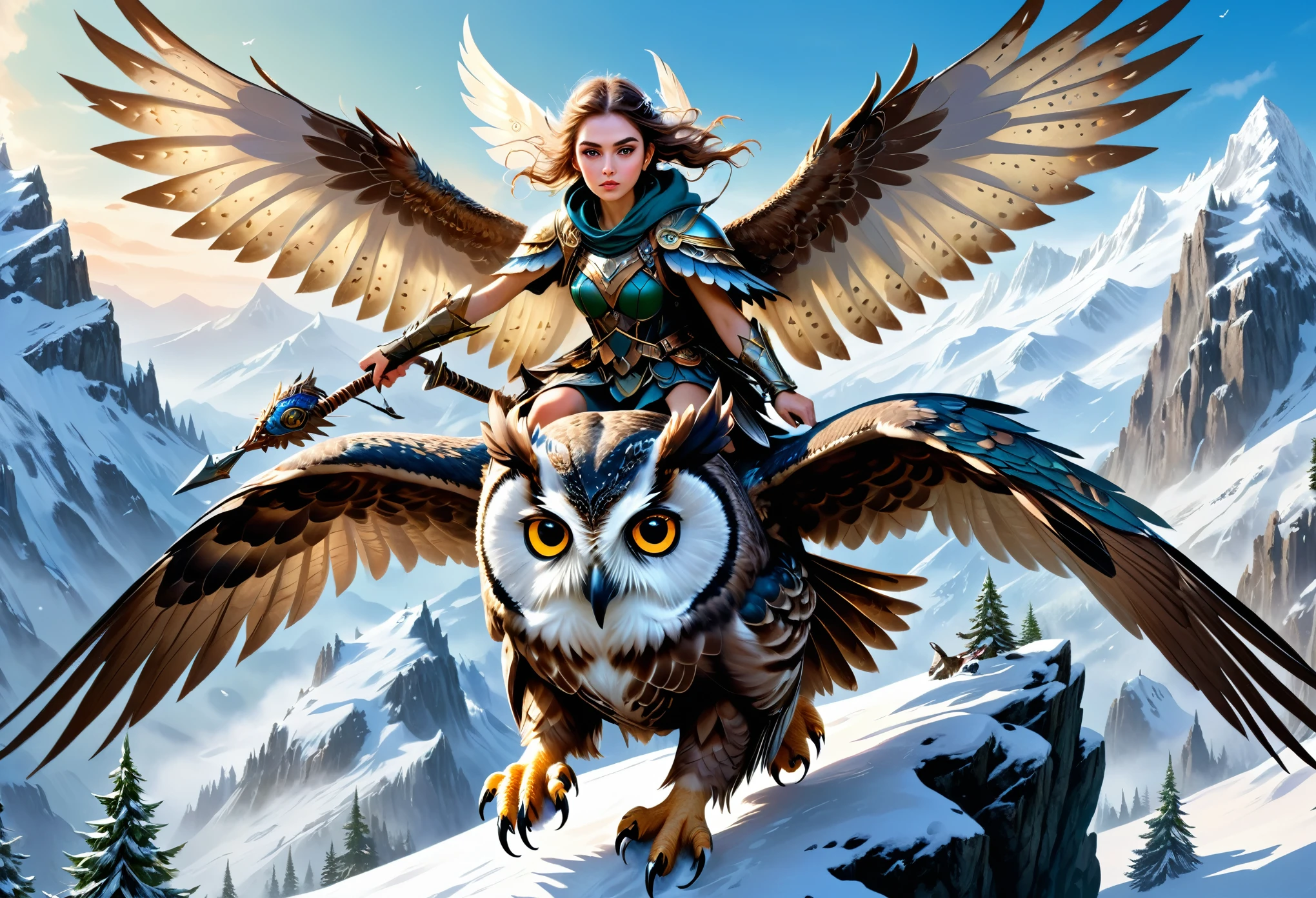 hyper-realistic digital painting, very detailed faces, fae aesthetic, a small mountain fairy flying on the back of a giant owl, snowy mountain scene, riding to war, armed with a warhammer