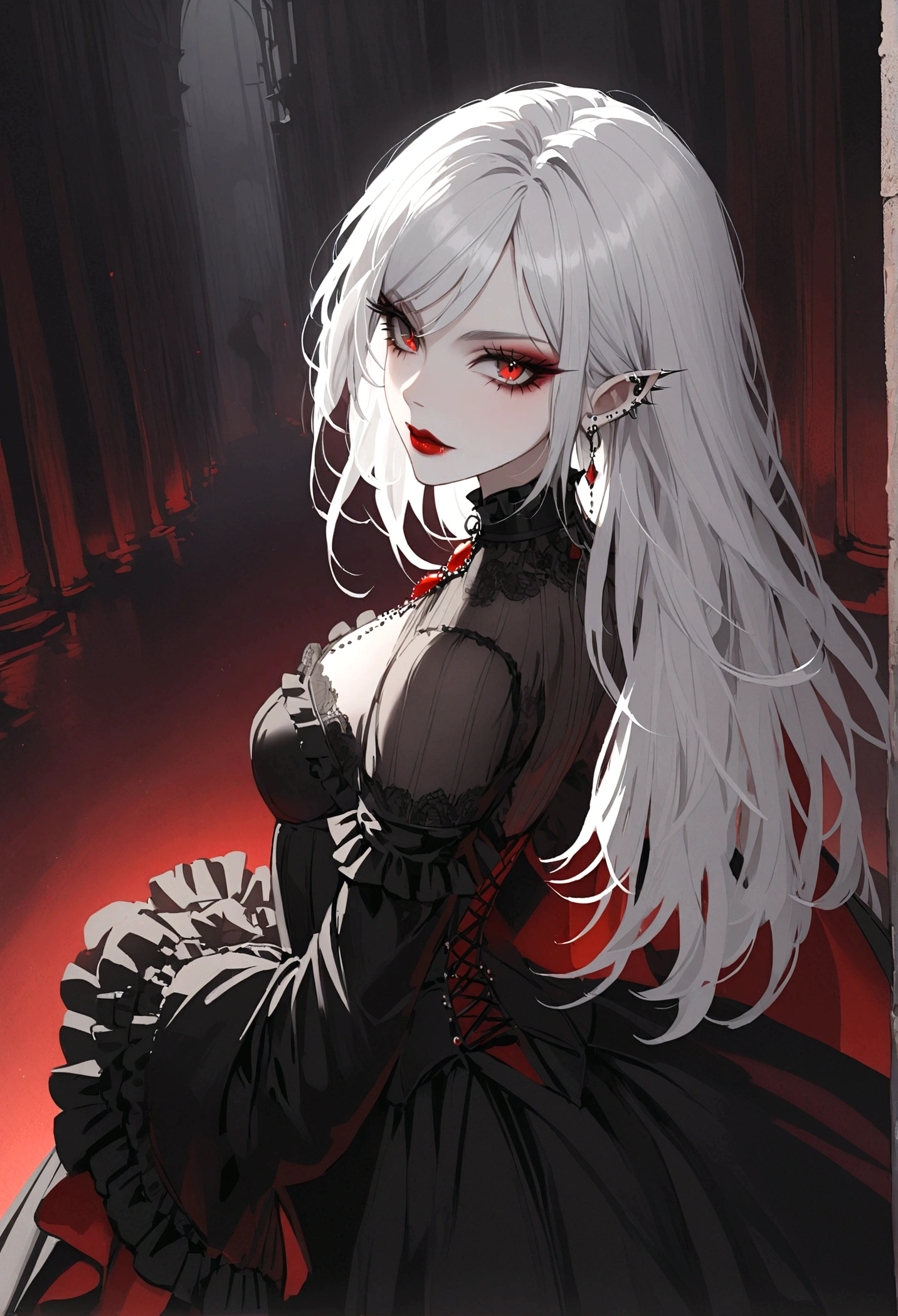 Beautiful vampire woman , long  white  hair , Eyes red , black gown , black victorian dress , piercing look and red lipstick , backwards, looking back