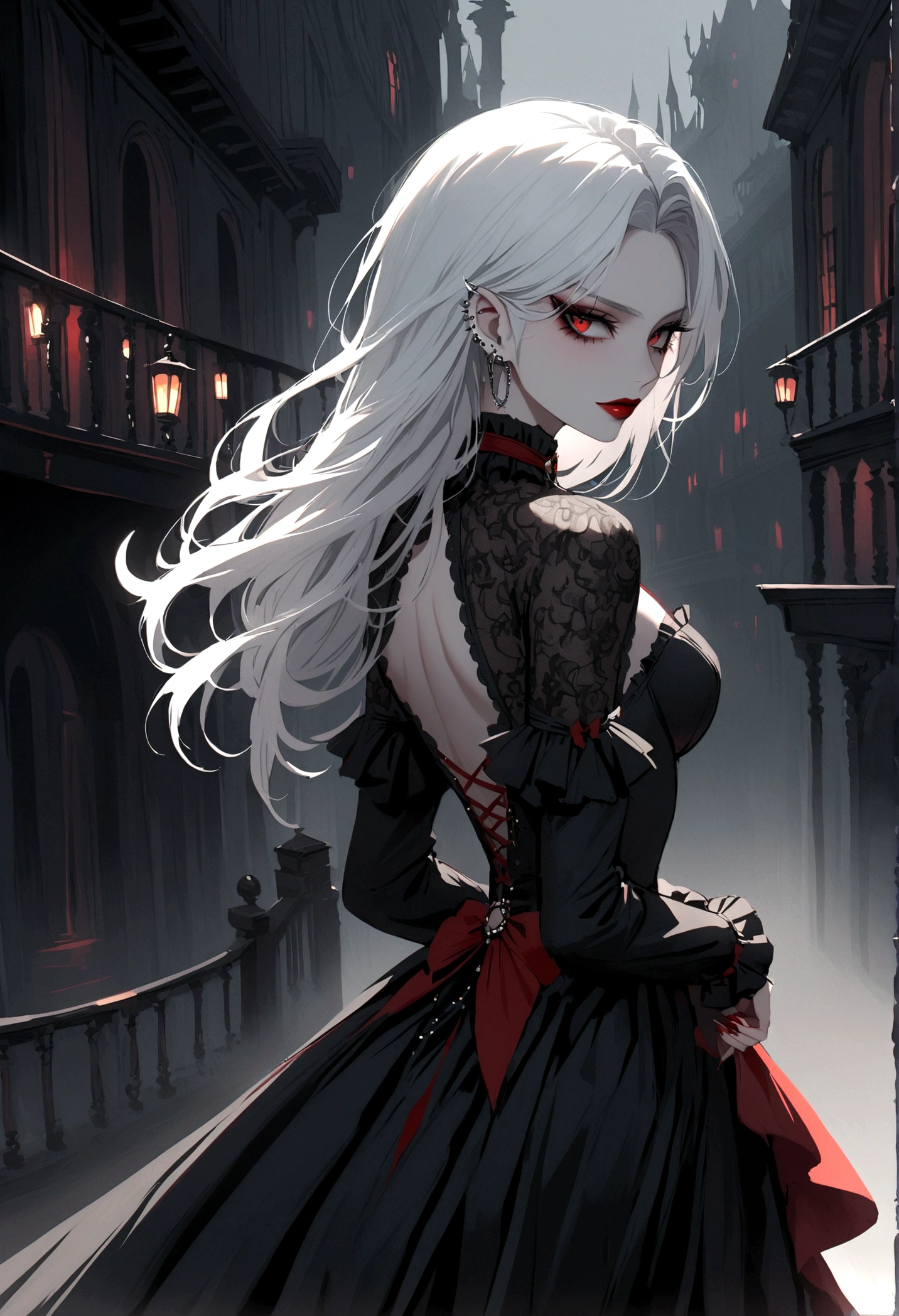 Beautiful vampire woman , long  white  hair , Eyes red , black gown , black victorian dress , piercing look and red lipstick , backwards, looking back