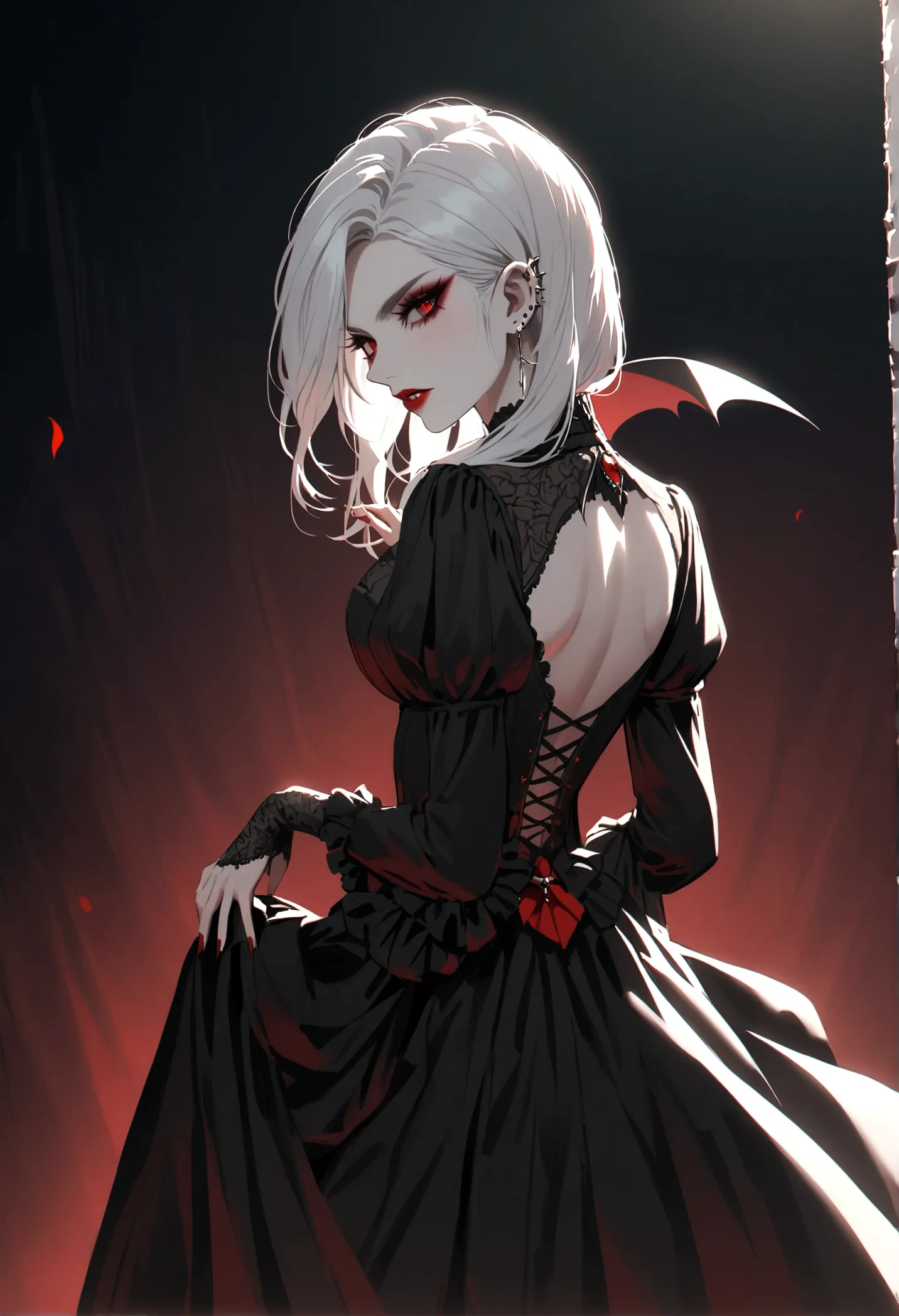 beautiful vampire woman , long  white  hair , eyes red , black gown , black victorian dress , piercing look and red lipstick , b...