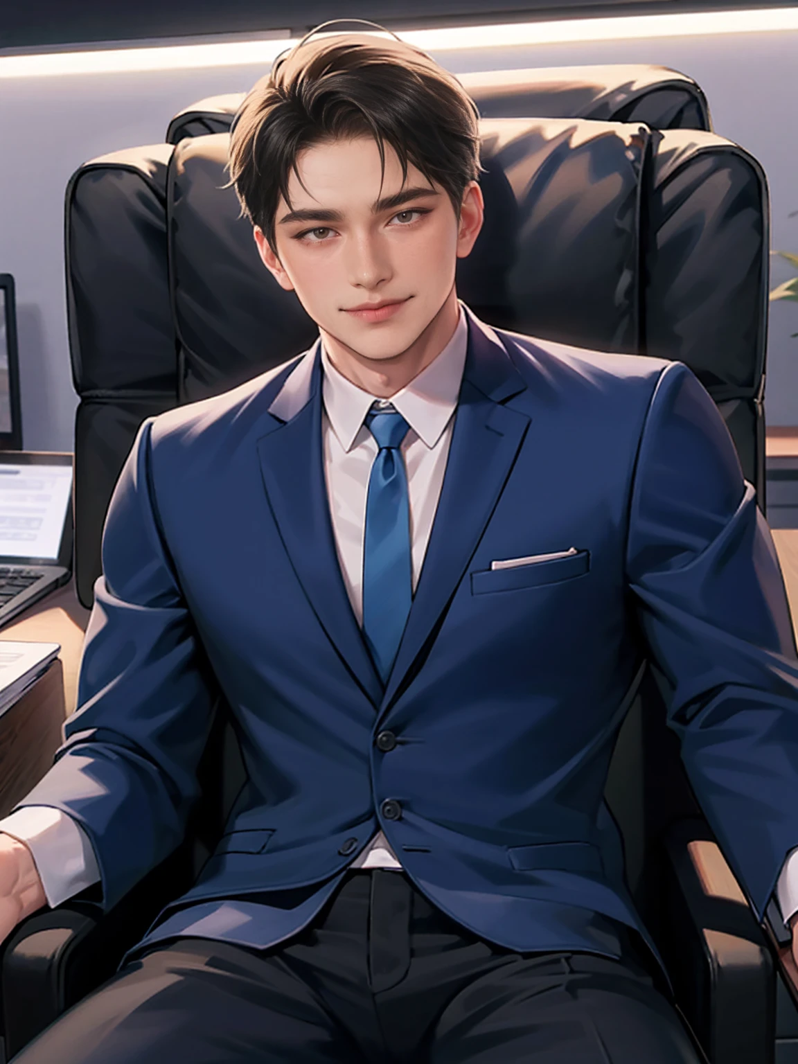 The male protagonist talks to a short-haired man in business attire, Actor smiles，The picture is pleasant, Luxury Office