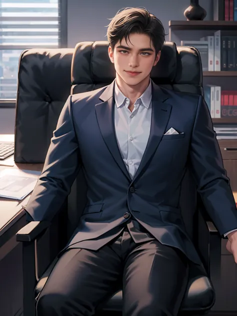 The male protagonist talks to a short-haired man in business attire, Actor smiles，The picture is pleasant, Luxury Office