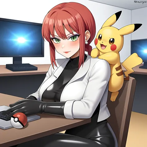 makima_(Chainsow Man), pikachu, pokemon_(creature), holding_pokemon, 1girl, gloves, eyes, jewelry, earrings, holding, indoors, h...