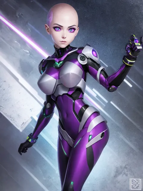 Cute cyborg girl, ((bald)), full body, purple led hair, synthetic Silver skin, skimpy cyber bodysuit, blue mechanical eyes. 