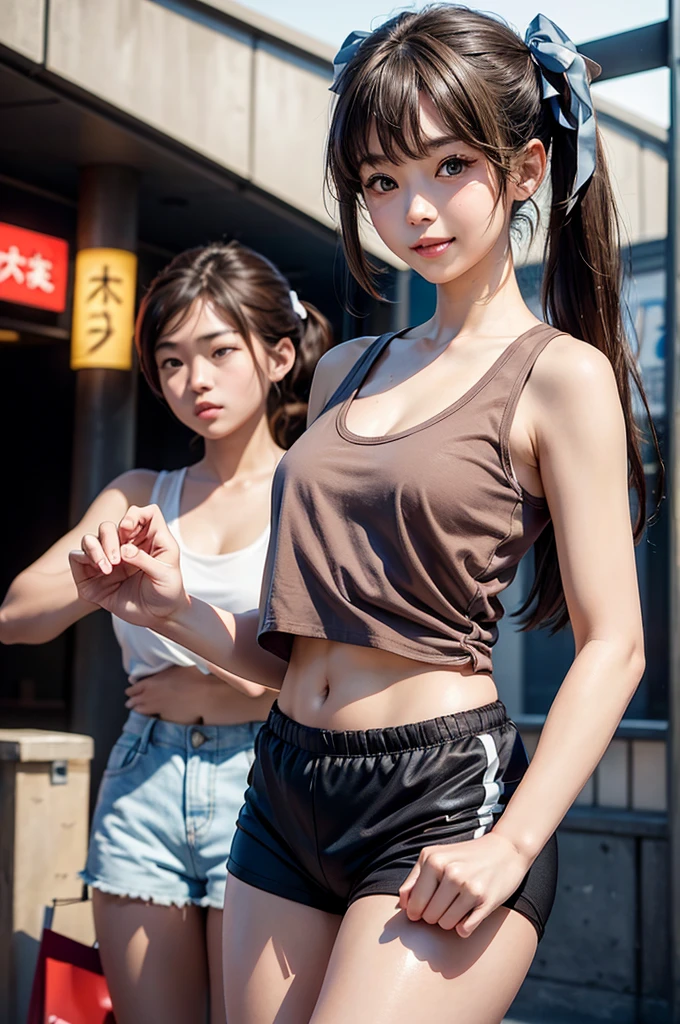 (masterpiece, Highest quality, 8K, High resolution),(Realistic skin texture, Perfect Face, Realistic, Perfect hands, Perfect finger count, Japanese, Girl), (17 years old), (2 people), Big Eyes, Brown eyes, Light brown hair, bangs, Twin tails, Hair Ribbon, Small face, Smile, ((Tank top, Low rise sports shorts)), 2 peopleが並んで立っている, Cute pose, Shopping mall