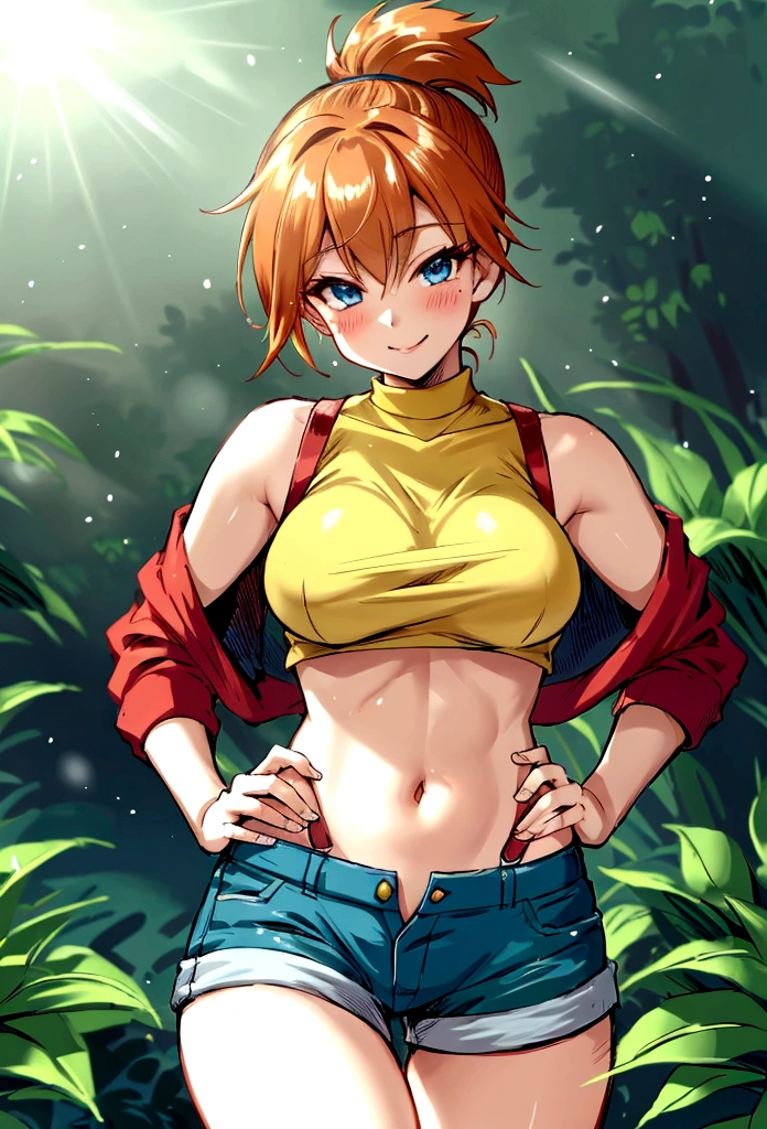 from front,from front,pov,Dutchangle,soro focus.straight-on,(upperbody:1),(finely detail ,best quality, ultra detailed),superfineillustration,anime studio,highly detailed, (detailed background, complex background:1.2), (perfect face, detailed face), full-face blush, (smile, happy),  (milf, mature girl) misty_(pokemon), short hair,side ponytail, looking at viewer, smile, blush, navel, shorts, blue eyes, (suspenders), shirt, crop top,beautiful abs,(beautiful under_boob), midriff, short shorts, medium breasts,(beautiful body),(skiny skin).(). (outdoors, garden, thighs,standing),depth of field,(professional lighting,cinematic lighting,lens flare.beautifully lit),front holding pokeball,hands on own hip.,
,misty_(pokemon),