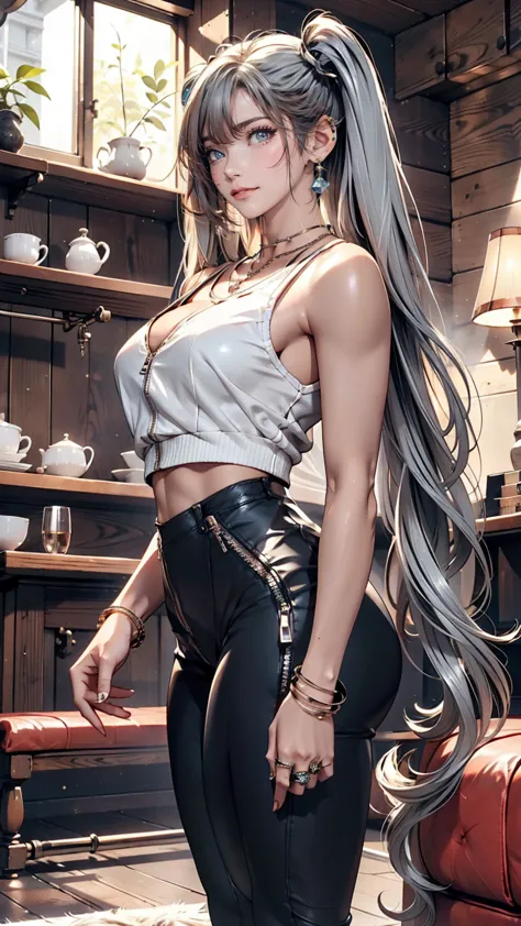 Twin tails, Silver Hair,Wear high-neck zipper-up tops, Pause, cute, Look up, high quality, necklace, ring, bracelet, Earrings、We...