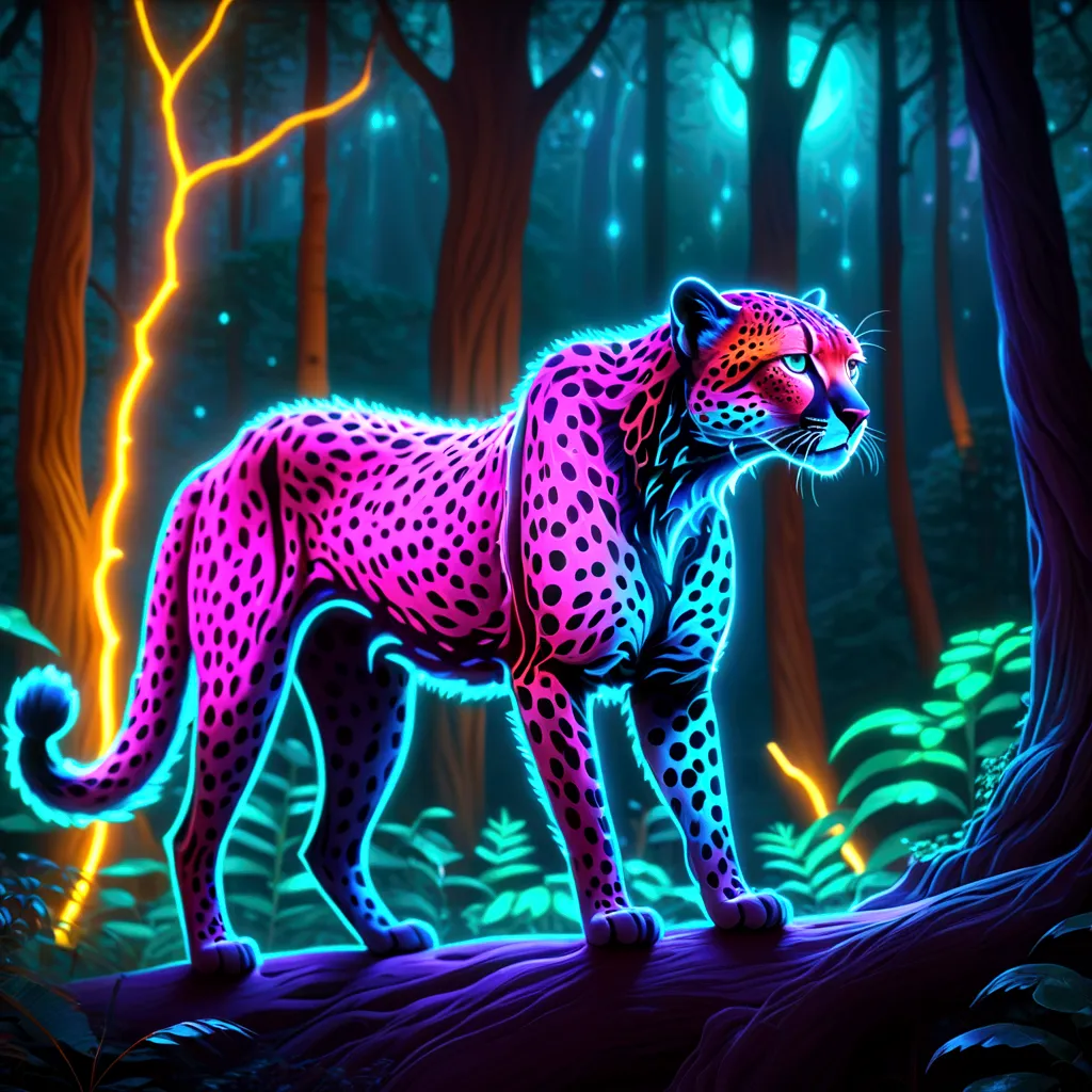 bioluminescent neon cheetah, fabulous night forest, magical radiance, sharp focus, fractal, colorful, depth of field, best quali...