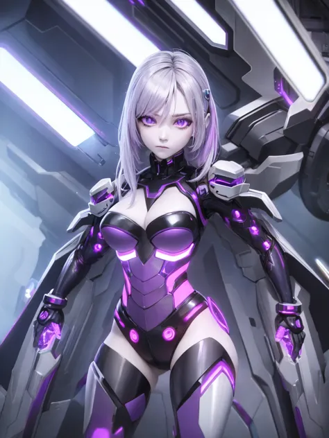 Cute cyborg girl, full body, ((purple LED hair)), ((synthetic Silver skin)), skimpy cyber bikini, blue mechanical eyes. 