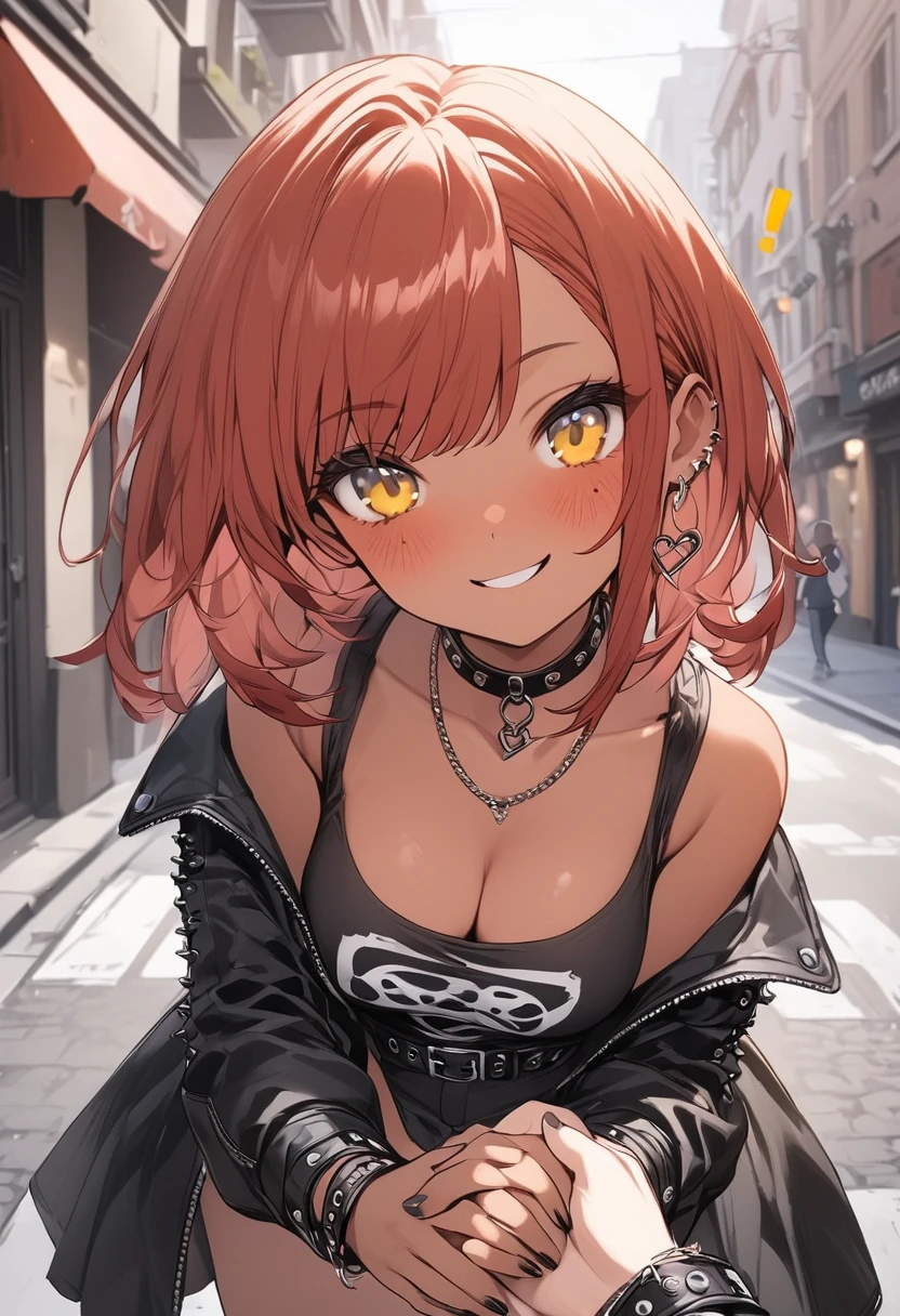 bestquality,1girl, tan skin, freckles, short red hair,left eye blue, right eye yellow, medium breasts,light smile,look at viewer, stylish punk outfit ,bf_holding_hands,pov,blush,street, 