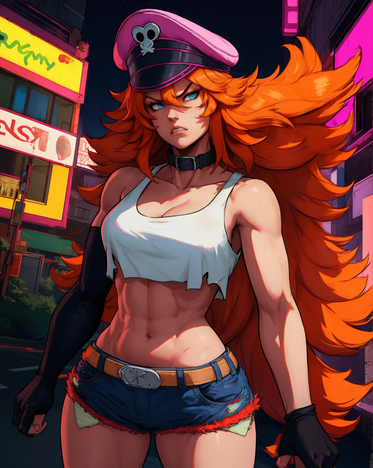 roxy,orange hair,blue eyes,long hair,white crop top,single elbow glove,collar,short red shorts,
peaked cap,
upper body,standing,angry,backwards,looking at viewer,
night,neon lights,streets,
(insanely detailed, masterpiece, best quality),solo,