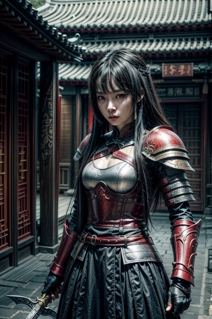 A beautiful chinese women warrior, weapon, 1girl, red full armor, sword, black_hair, holding, dual_wielding, solo_focus, holding_weapon, holding_sword, old chinese background, brown_eyes