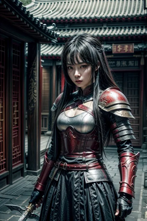 A beautiful chinese women warrior, weapon, 1girl, red full armor, sword, black_hair, holding, dual_wielding, solo_focus, holding...