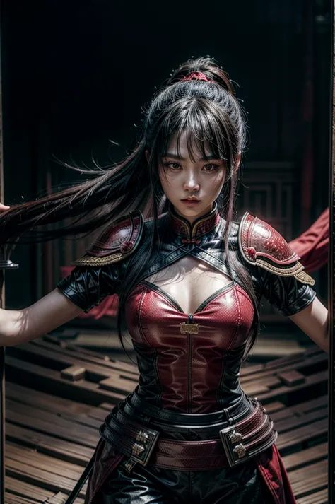 A beautiful chinese women warrior, weapon, 1girl, red full armor, sword, black_hair, holding, dual_wielding, solo_focus, holding...