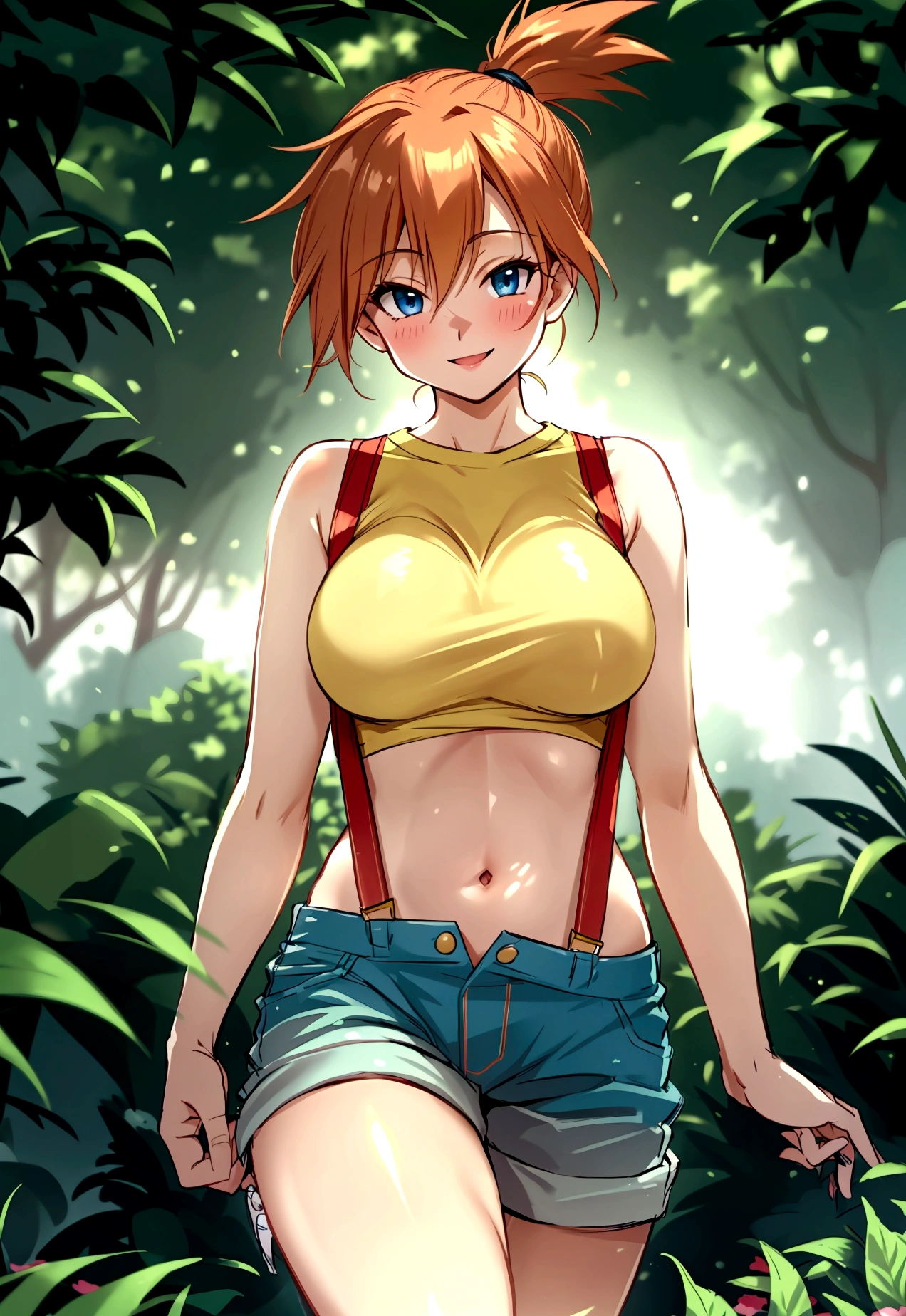 from front,from front,pov,Dutchangle,soro focus.straight-on,(upperbody:1),(finely detail ,best quality, ultra detailed),superfineillustration,anime studio,highly detailed, (detailed background, complex background:1.2), (perfect face, detailed face), full-face blush, (smile, happy),  (milf, mature girl) misty_(pokemon), short hair,side ponytail, looking at viewer, smile, blush, navel, shorts, blue eyes, (suspenders), shirt, crop top,beautiful abs,(beautiful under_boob), midriff, short shorts, medium breasts,(beautiful body),(skiny skin).(). (outdoors, garden, thighs,standing),depth of field,(professional lighting,cinematic lighting,lens flare.beautifully lit),front holding pokeball,
,misty_(pokemon),