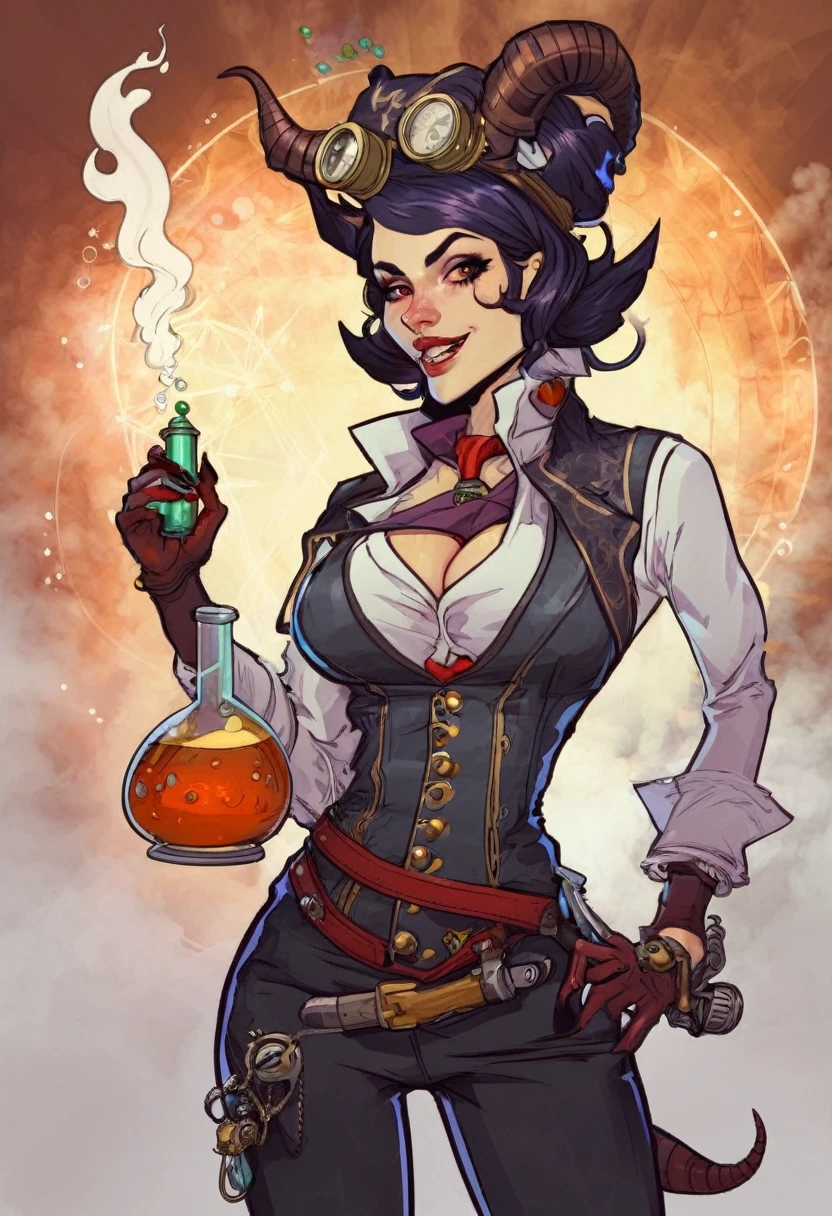 en D&D style, une femme avec des cornes de diable, elle ressemble à une scientifique folle, et elle a une sorte de tenue steam punk, et elle tient une potion dans une main et un pistolet élégant vendu dans l&#39;autre main.