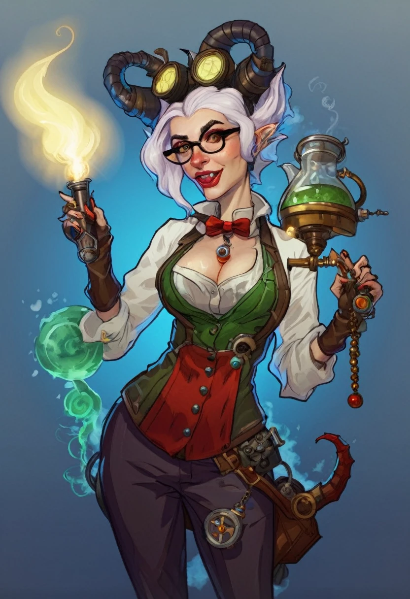 en D&D style, une femme avec des cornes de diable, elle ressemble à une scientifique folle, et elle a une sorte de tenue steam punk, et elle tient une potion dans une main et un pistolet élégant vendu dans l&#39;autre main.