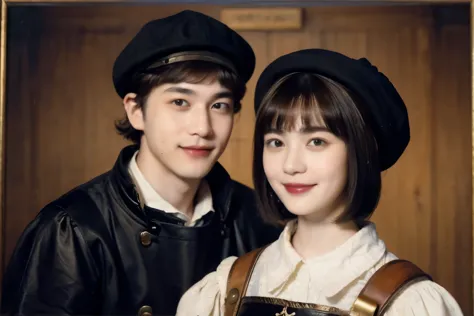 252 (An 18-year-old female and an 18-year-old male), (short hair),kind, lipstick, (Rembrandt-style painting), smile