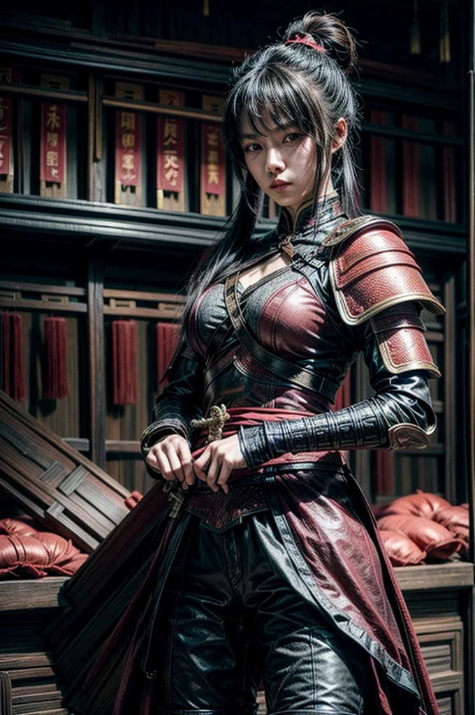 A beautiful chinese women warrior, weapon, 1girl, red full armor, sword, black_hair, bun hairstyle, holding, dual_wielding, solo_focus, holding_weapon, holding_sword, old chinese background, brown_eyes