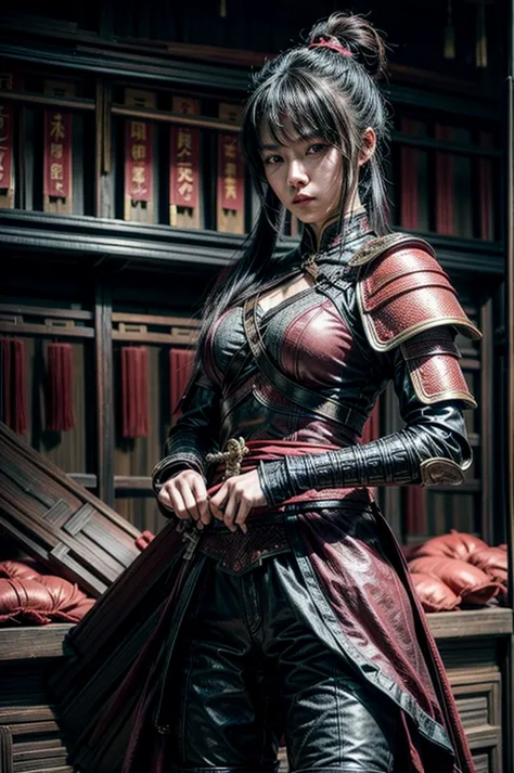 A beautiful chinese women warrior, weapon, 1girl, red full armor, sword, black_hair, bun hairstyle, holding, dual_wielding, solo...