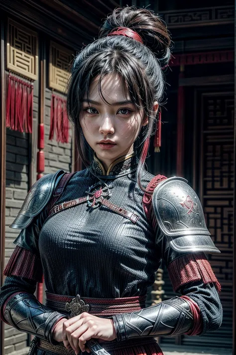 A beautiful chinese women warrior, weapon, 1girl, red full armor, sword, black_hair, bun hairstyle, holding, dual_wielding, solo...