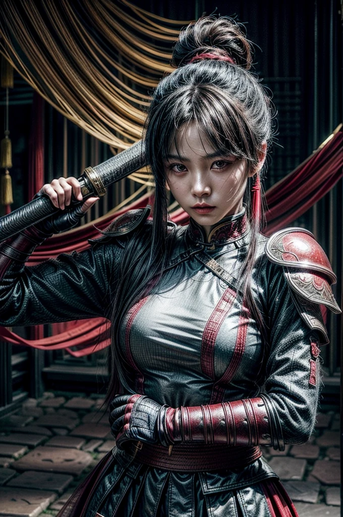 A beautiful chinese women warrior, weapon, 1girl, red full armor, sword, black_hair, bun hairstyle, holding, dual_wielding, solo_focus, holding_weapon, holding_sword, old chinese background, brown_eyes