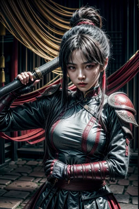 A beautiful chinese women warrior, weapon, 1girl, red full armor, sword, black_hair, bun hairstyle, holding, dual_wielding, solo...