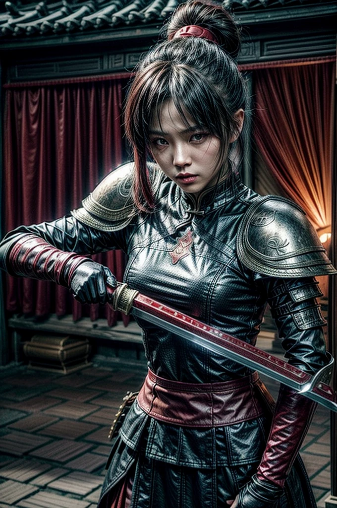 A beautiful chinese women warrior, weapon, 1girl, red full armor, sword, black_hair, bun hairstyle, holding, dual_wielding, solo_focus, holding_weapon, holding_sword, old chinese background, brown_eyes