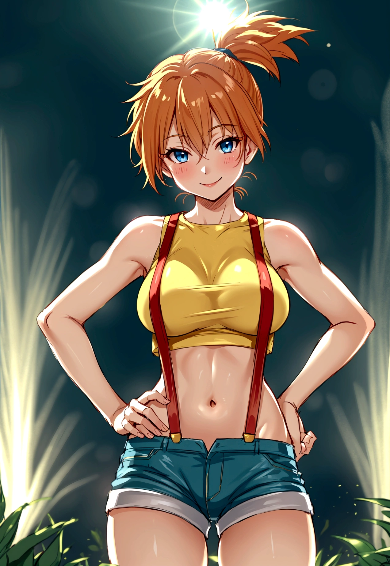 from front,from front,pov,Dutchangle,soro focus.straight-on,(upperbody:1),(finely detail ,best quality, ultra detailed),superfineillustration,anime studio,highly detailed, (detailed background, complex background:1.2), (perfect face, detailed face), full-face blush, (smile, happy),  (milf, mature girl) misty_(pokemon), short hair,side ponytail, looking at viewer, smile, blush, navel, shorts, blue eyes, (suspenders), shirt, crop top,beautiful abs,(beautiful under_boob), midriff, short shorts, medium breasts,(beautiful body),(skiny skin).(). (outdoors, garden, thighs,standing),depth of field,(professional lighting,cinematic lighting,lens flare.beautifully lit),(hands on hips)
,misty_(pokemon),