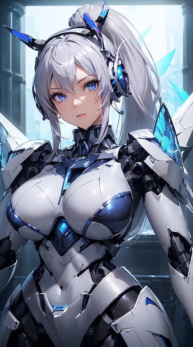((Intense action pose:1.6))、((Shining lenses on both breasts:1.3))、((Blue pillars of light are emanating from both chests.:1.3))、smile、((8K)), ((32k)), ((Highest quality)), ((masterpiece)), ((超A high resolution)), ((Tmasterpiece)), ((Halation:1.4))、((Mechanical headgear:1.2))、((Cyber Headphones:1.3))、Fine skin, High quality fabric, Fine metal texture ,NSFW:0.5 , ((High ponytail:1.6))、((Beautiful and dense face))、RAW Photos、Professional, Ultra-fine painting, ((alone)), Beautiful breasts、Highest quality, Very detailed, Very detailed, Finer details, so beautiful, ((Princess Knight Robot:1.2)),  (Joints of machines, Mechanical Limbs:1.3), (The internal structure of the machine is exposed:1.3), (Long silver hair:1.1), (Beautiful and huge mechanical breasts)、White Veil, cowboy_shot, Side Focus, headgear, Shiny、(Five Fingers, Four fingers and thumb),Concept Art, Anime fantasy artwork, Detailed fantasy art, (with pale blue-violet hair and large white wings,,,,,,,), (((Long silver hair))), (Mecha:1.6)、Sleek and intimidating design, ((Commander-in-Chief&#39;arm)), (Perfect robot body)、Pure white and blue-purple arm or, Symmetrical wings, 8K high quality, detailed art, 3D rendering of character art in 8K, neat legs, Defined, Defined fingers,