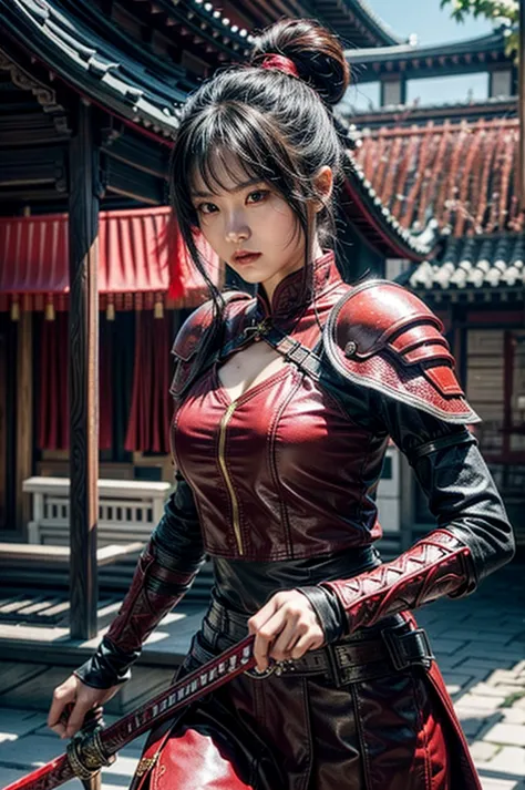 A beautiful chinese women warrior, weapon, 1girl, red full armor, sword, black_hair, bun hairstyle, holding, dual_wielding, solo...