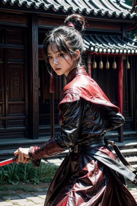 A beautiful chinese women warrior, weapon, 1girl, red full armor, sword, black_hair, bun hairstyle, holding, dual_wielding, solo...