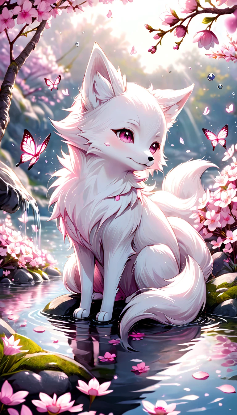 absurdres, highres, ultra detailed, HDR, master piece, best quality, extremely detailed, white fox, solo, cute, small, fantasy, magical, magic, pink butterflies, pink petals, pink flowers, water, blossoms