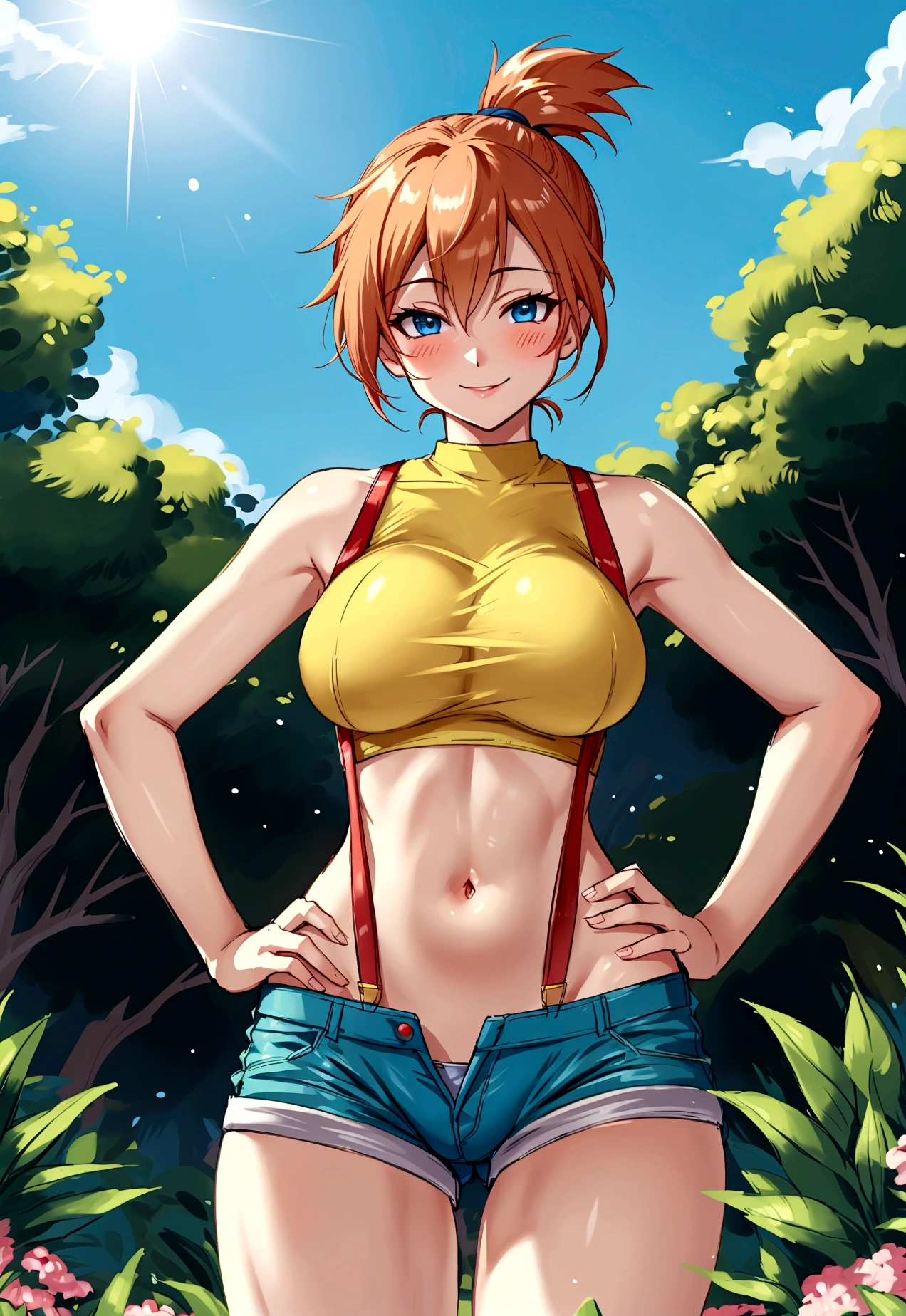 from below,from front,pov,Dutchangle,soro focus.straight-on,(upperbody:1),(finely detail ,best quality, ultra detailed),superfineillustration,anime studio,highly detailed, (detailed background, complex background:1.2), (perfect face, detailed face), full-face blush, (smile, happy),  (milf, mature girl) misty_(pokemon), short hair,side ponytail, looking at viewer, smile, blush, navel, shorts, blue eyes, (suspenders), shirt, crop top,beautiful abs,(beautiful under_boob), midriff, short shorts, medium breasts,(beautiful body),(skiny skin).(). (outdoors, garden, thighs,standing),depth of field,(professional lighting,cinematic lighting,lens flare.beautifully lit),(hands on hips)
,misty_(pokemon),