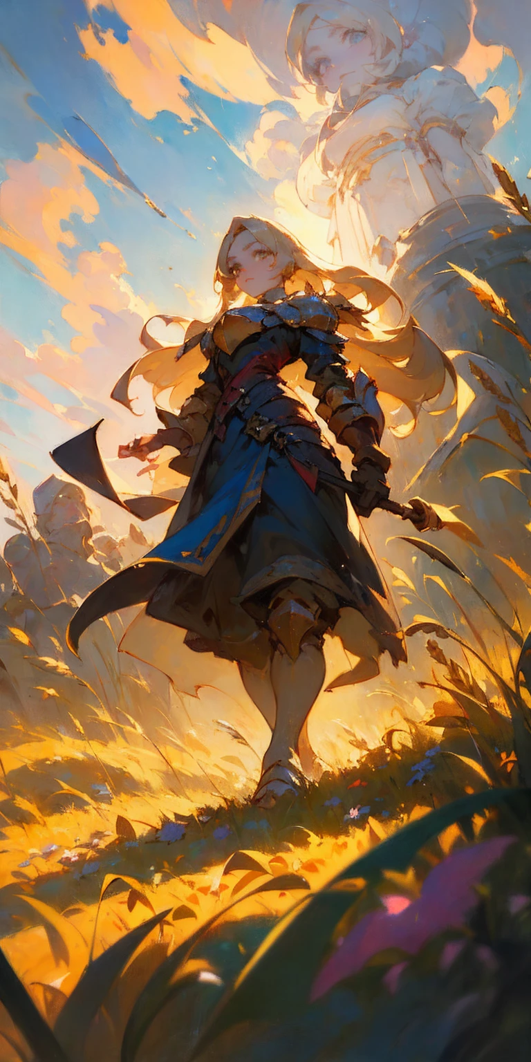 stunning painting of a knight with long blonde hair, wheat field, epic clouds ((painterly)) ((impressionist)) vibrant, soft edges (((warm glow))) full body whole body view from below 1sologirl, feet together, view from below while walking to the viewer