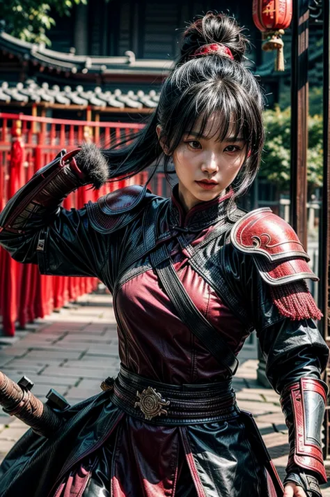 A beautiful chinese women warrior, weapon, 1girl, red full armor, sword, black_hair, bun hairstyle, holding, dual_wielding, solo...