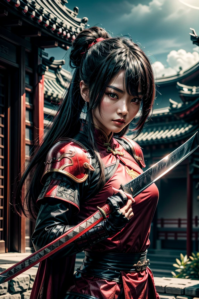 A beautiful chinese women warrior, weapon, 1girl, red full armor, sword, black_hair, bun hairstyle, holding, dual_wielding, solo_focus, holding_weapon, holding_sword, old chinese background, brown_eyes