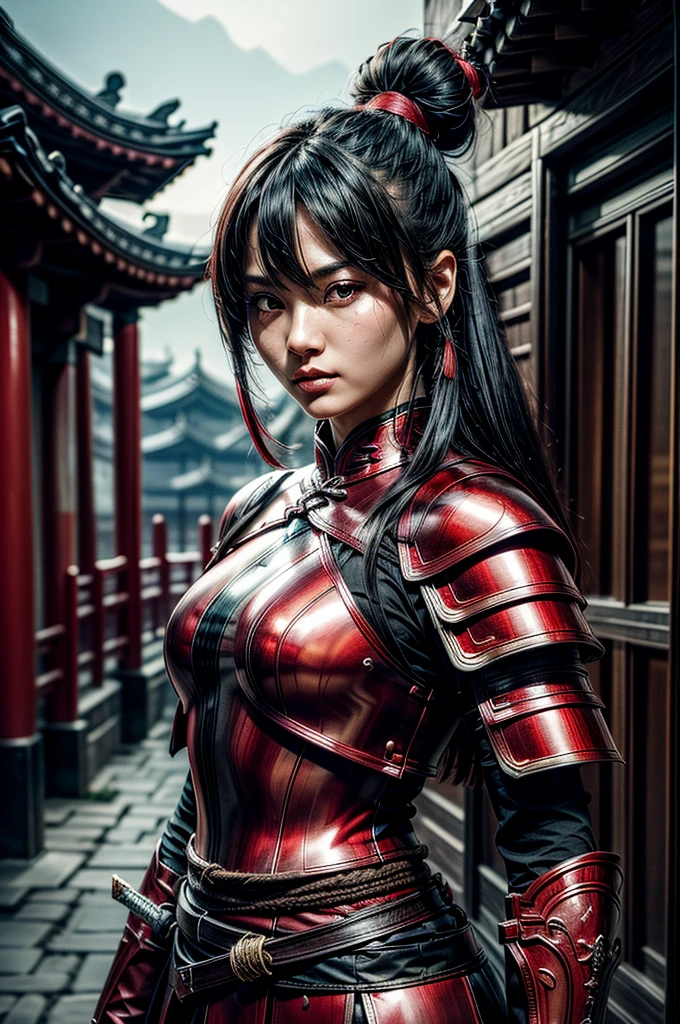 A beautiful chinese women warrior, weapon, 1girl, red full armor, sword, black_hair, bun hairstyle, holding, dual_wielding, solo_focus, holding_weapon, holding_sword, old chinese background, brown_eyes