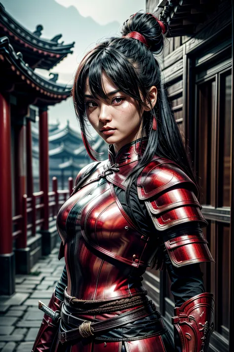 A beautiful chinese women warrior, weapon, 1girl, red full armor, sword, black_hair, bun hairstyle, holding, dual_wielding, solo...