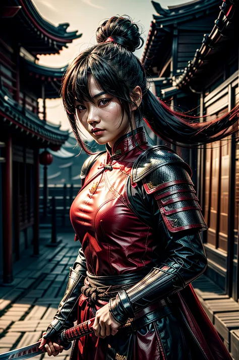 A beautiful chinese women warrior, weapon, 1girl, red full armor, sword, black_hair, bun hairstyle, holding, dual_wielding, solo...