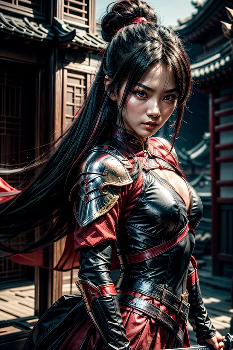 A beautiful chinese women warrior, weapon, 1girl, red full armor, sword, black_hair, bun hairstyle, holding, dual_wielding, solo...