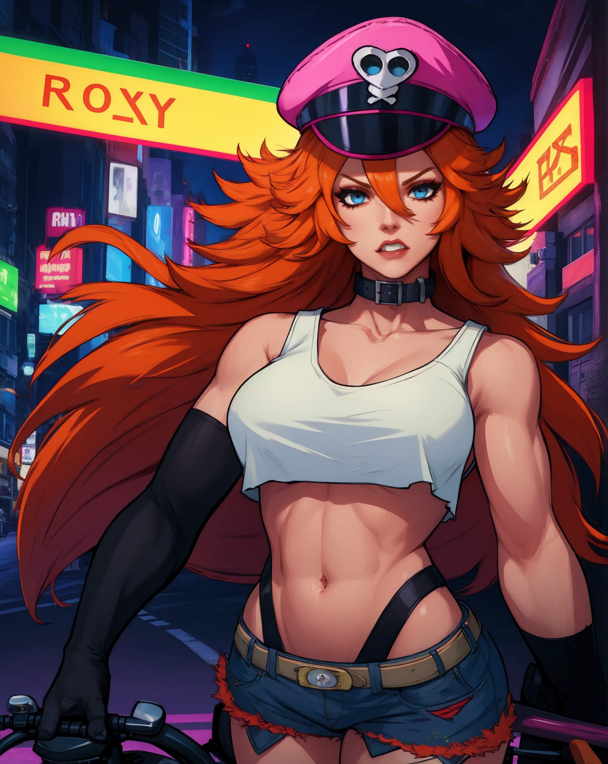 roxy,orange hair,blue eyes,long hair,white crop top,single elbow glove,collar,short red shorts,
peaked cap,
upper body,looking at viewer
driving a motocicle,night,neon lights,streets,
(insanely detailed, masterpiece, best quality),solo,