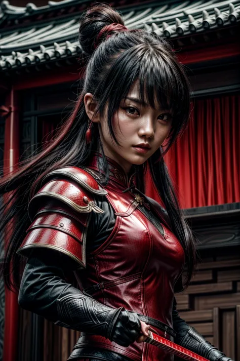 A beautiful chinese women warrior, weapon, 1girl, red full armor, sword, black_hair, bun hairstyle, holding, dual_wielding, solo...