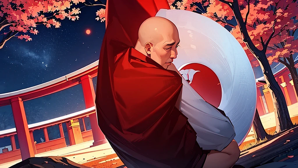 A very strong monk is meditating clearly visible under a large red tree, with a full moon in the night sky