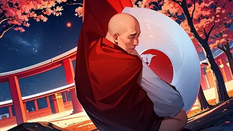 a very strong monk is meditating clearly visible under a large red tree, with a full moon in the night sky