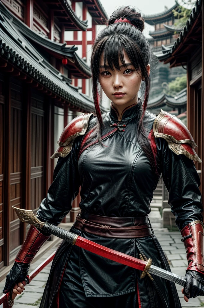 A beautiful chinese women warrior, weapon, 1girl, red full armor, sword, black_hair, bun hairstyle, holding, dual_wielding, solo_focus, holding_weapon, holding_sword, old chinese background, brown_eyes