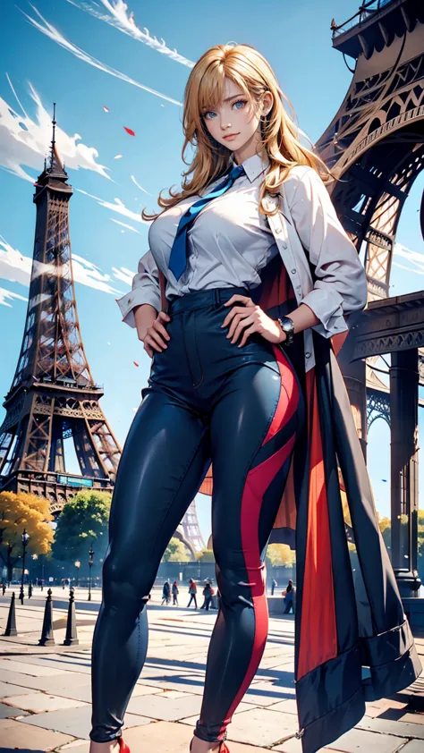 A giant French flag hangs on the Eiffel Tower、Blonde Caucasian woman poses in front of the Eiffel Tower with hands on hips、Cowbo...