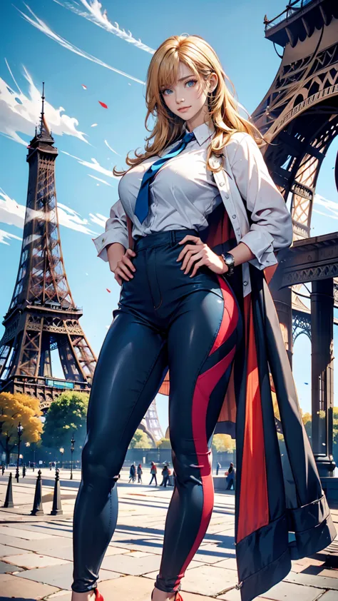 a giant french flag hangs on the eiffel tower、blonde caucasian woman poses in front of the eiffel tower with hands on hips、cowbo...