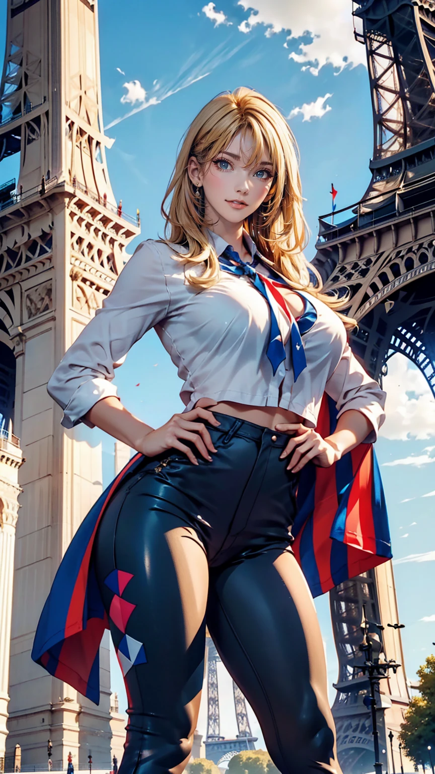 A giant French flag hangs on the Eiffel Tower、Blonde Caucasian woman poses in front of the Eiffel Tower with hands on hips、Cowboy Shot、Wear leggings、Wear stiletto heelarble floor、Beautiful blue sky