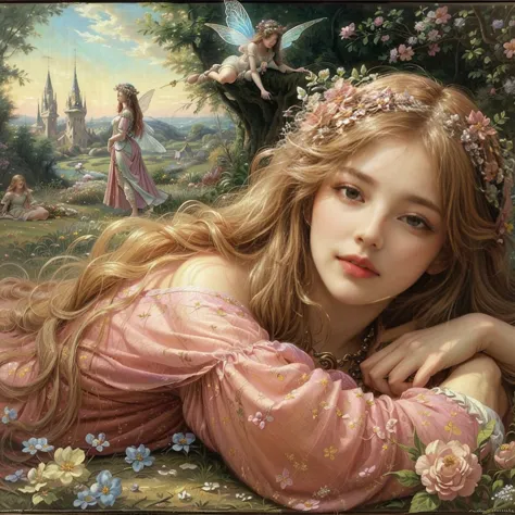 a painting of a woman lying on the ground with flowers in her hair, beautiful fairys, beautiful fantasy art portrait, beautiful ...